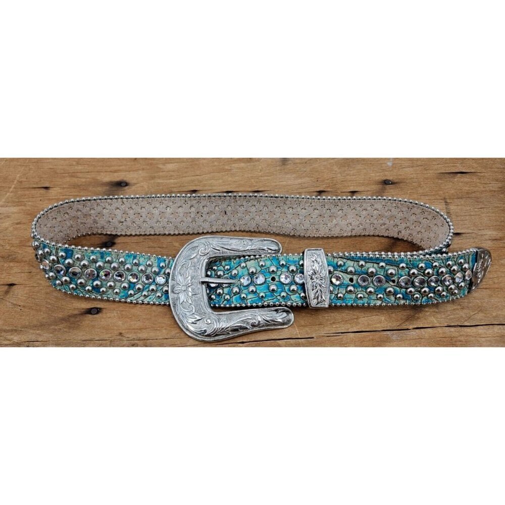 B.B. Simon Western Belt Womens 30 Aqua Green Leather Rhinestones Studs